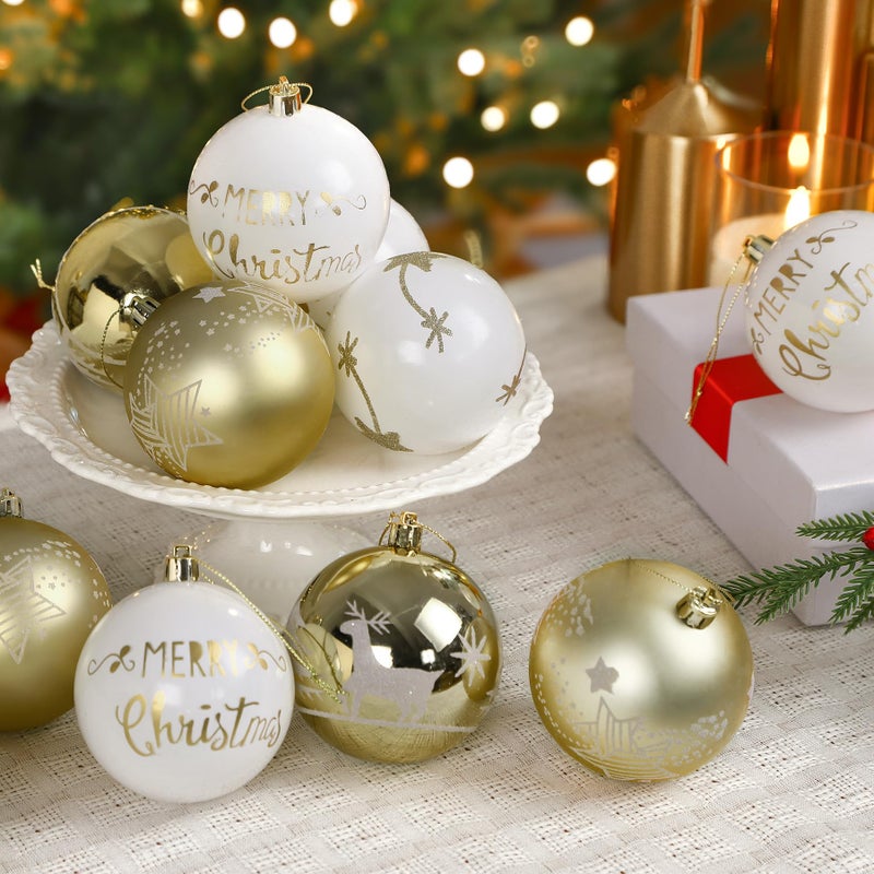 SHareconn 12ct 3.15 Inch Christmas Tree Balls Ornaments, Colored Shatterproof Plastic Decorative Baubles Decorations for Xmas Tree Decor Holiday Party Wedding Decoration (Gold & White, 80mm) - Image 4